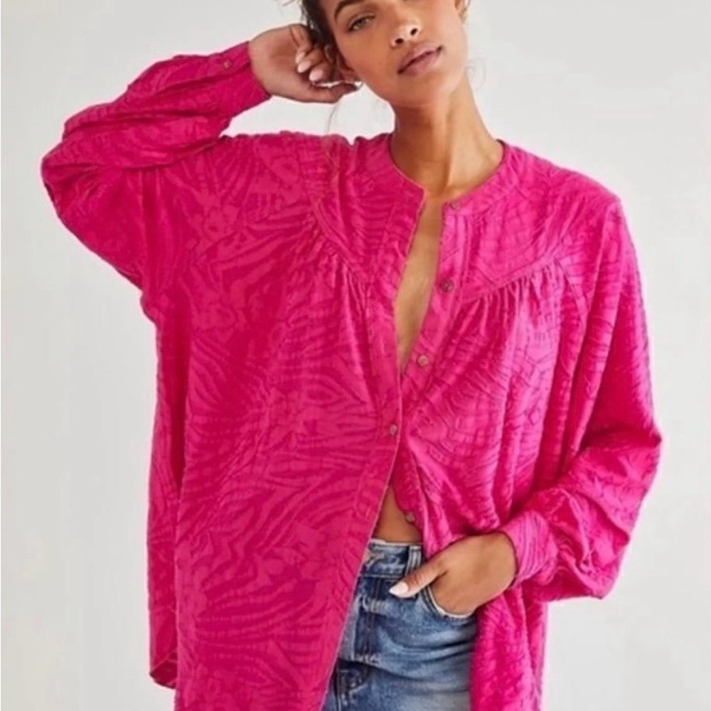 Free People Fuchsia Can’t Stop Dreaming Button-Down Flowy Shirt Blouse Tunic - Picture 3 of 10
